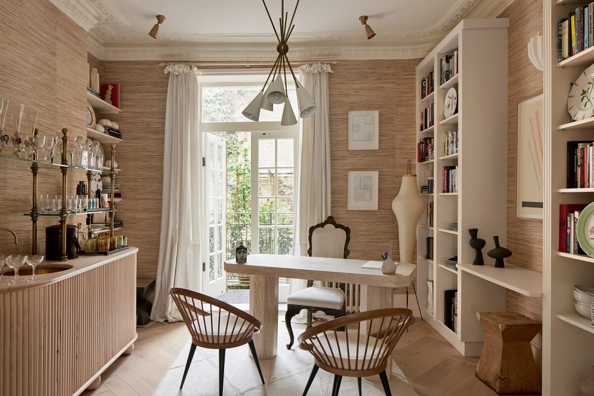 Limewash Paint and Artisan Wallpaper in a London Townhouse 14 home office with wallpaperd walls and bookcases
