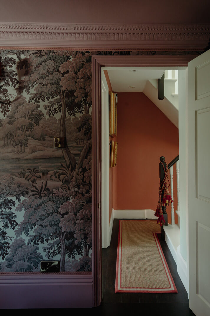 Rich Colors and Patterns in a London Townhouse 13 house of hackney wallpaper and pink ceiling