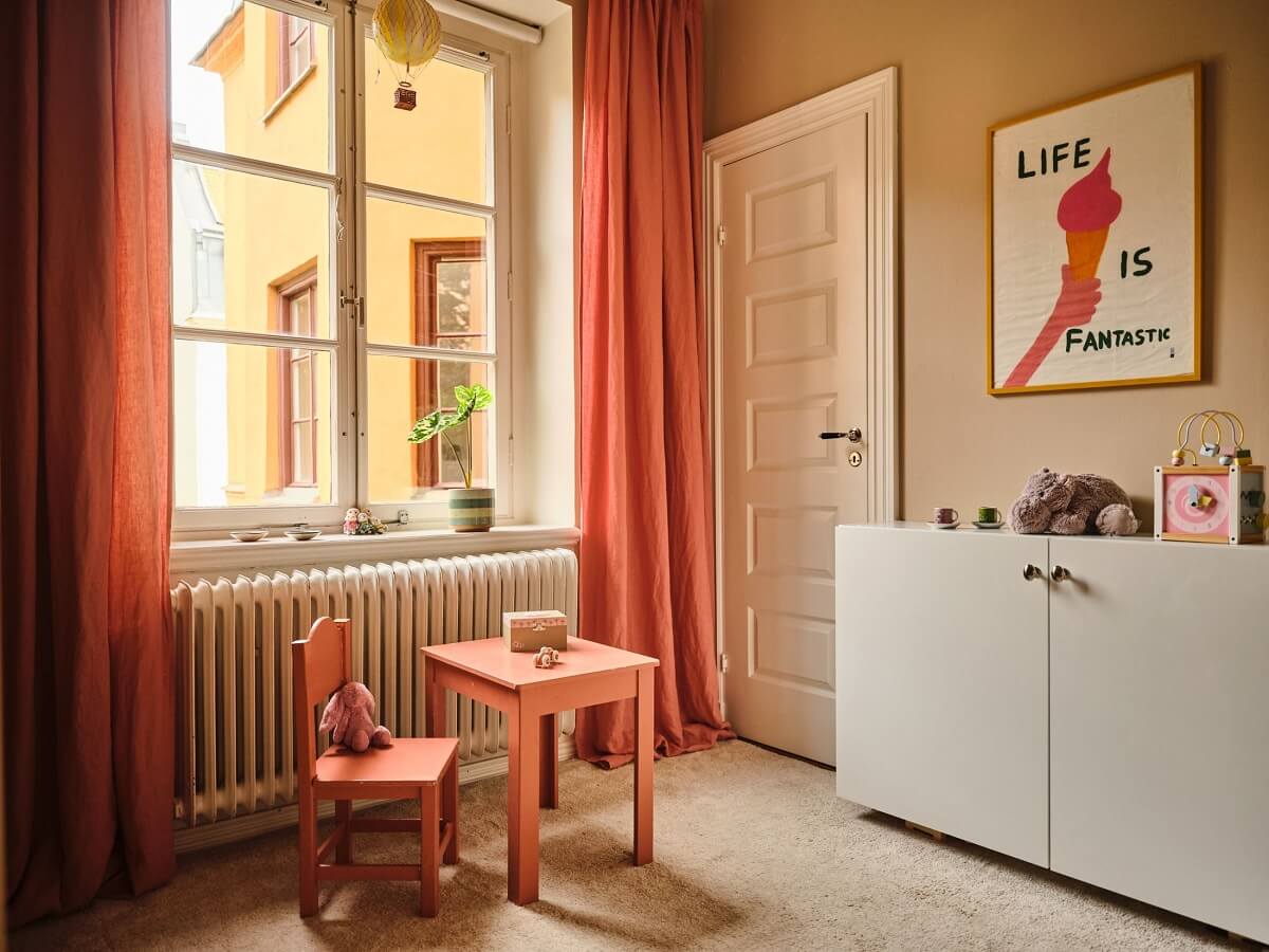 A Light Apartment with a Sage Green Kitchen 15 kids bedroom pink curtains A Light Apartment with a Sage Green Kitchen