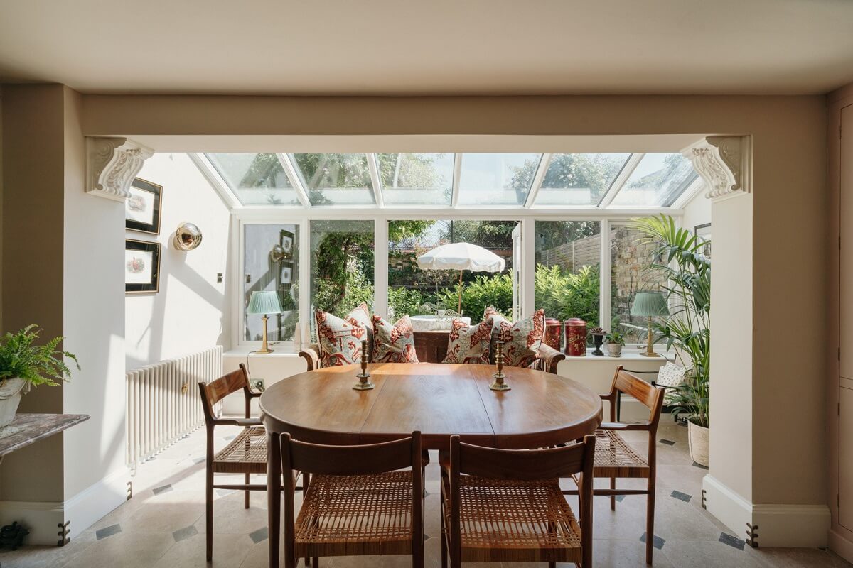 Rich Colors and Patterns in a London Townhouse 6 kitchen dining space with sun room