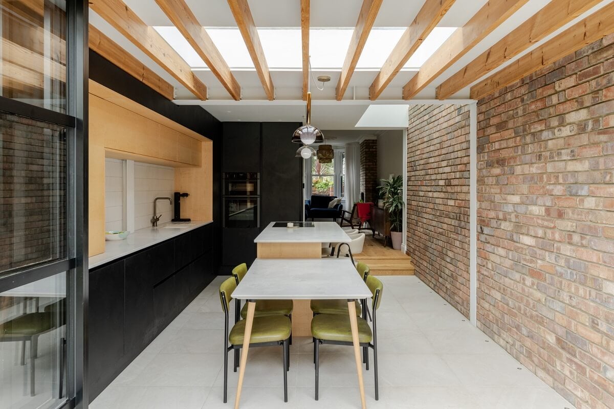 A London Terraced House with a Modern Kitchen Extension 8 kitchen extension brick walls ceiling beams