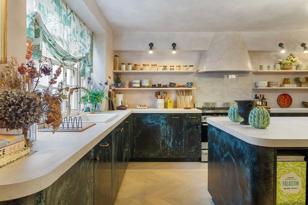 Limewash Paint and Artisan Wallpaper in a London Townhouse 20 kitchen with curved shapes and shelves