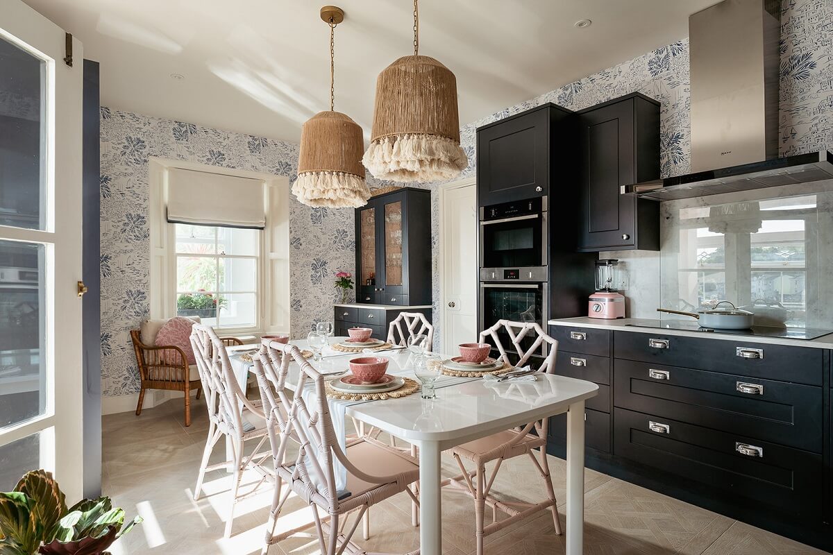 Colorful Interiors and Wallpapers in a Victorian House 7 kitchen with dining table and wallpaper