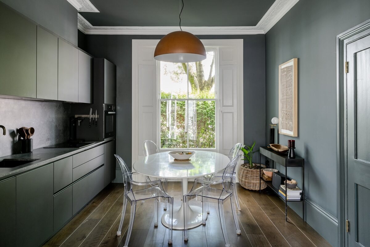 A Green Living Room in a London Maisonette 6 kitchen with gray walls and cabinets
