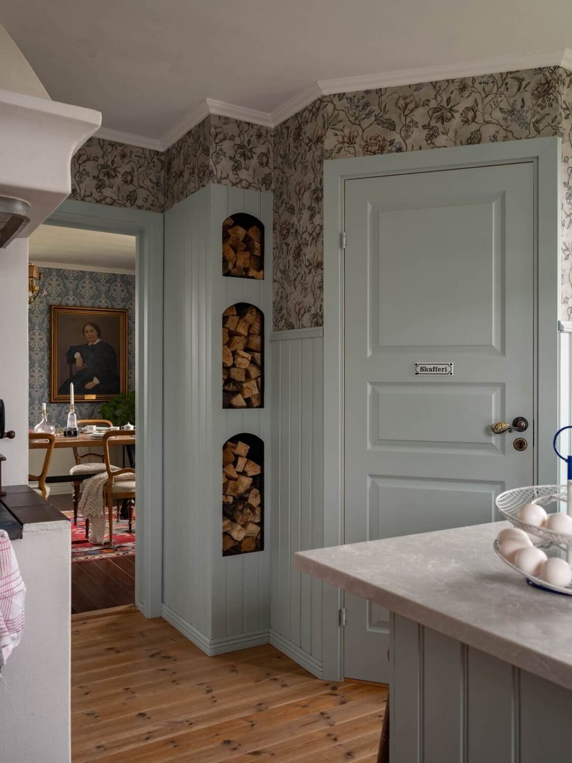Original Character and Grand Rooms in a Swedish Country House 13 kitchen with wood log storage