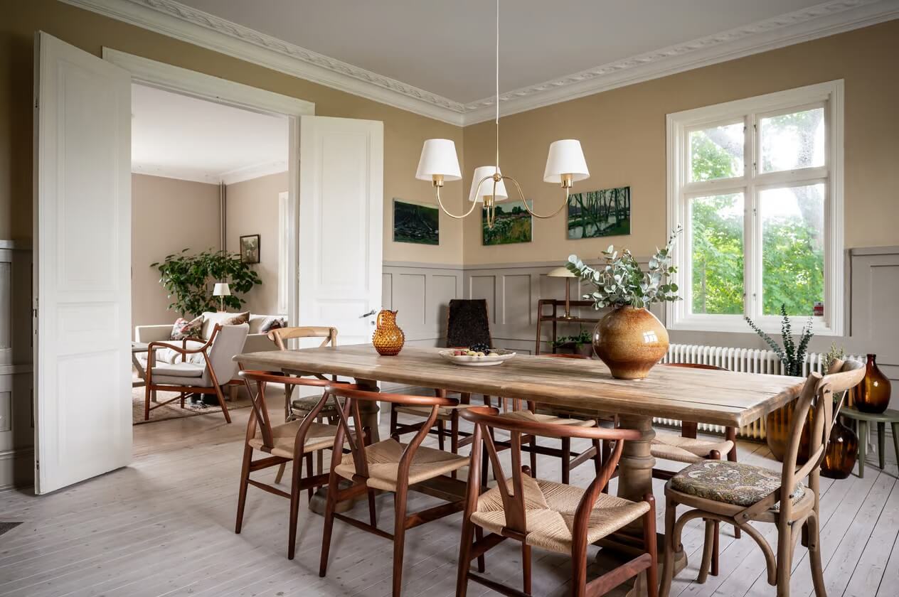 Original Charm in a Light Green Swedish Country House 6 large wooden dining table