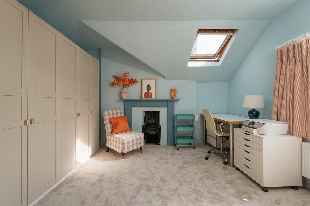 Colorful Interiors and Wallpapers in a Victorian House 14 light blue home office