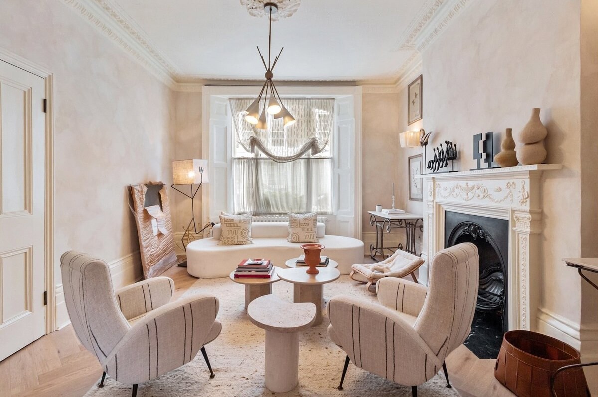 Limewash Paint and Artisan Wallpaper in a London Townhouse 10 light colored sitting room with fireplace