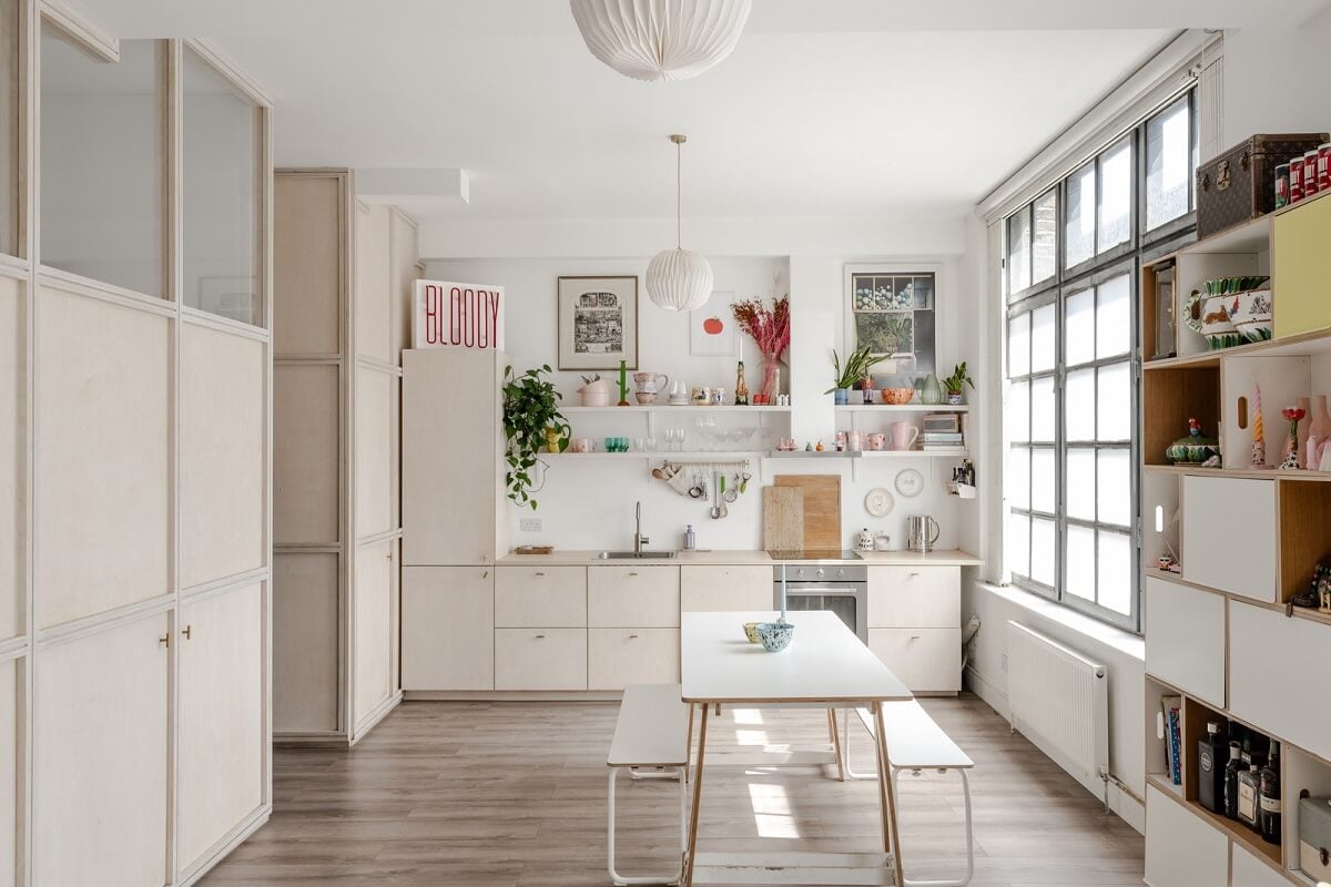 A Modern Scandinavian-Style Apartment in a Former London Mill 8 light kitchen space with dining table