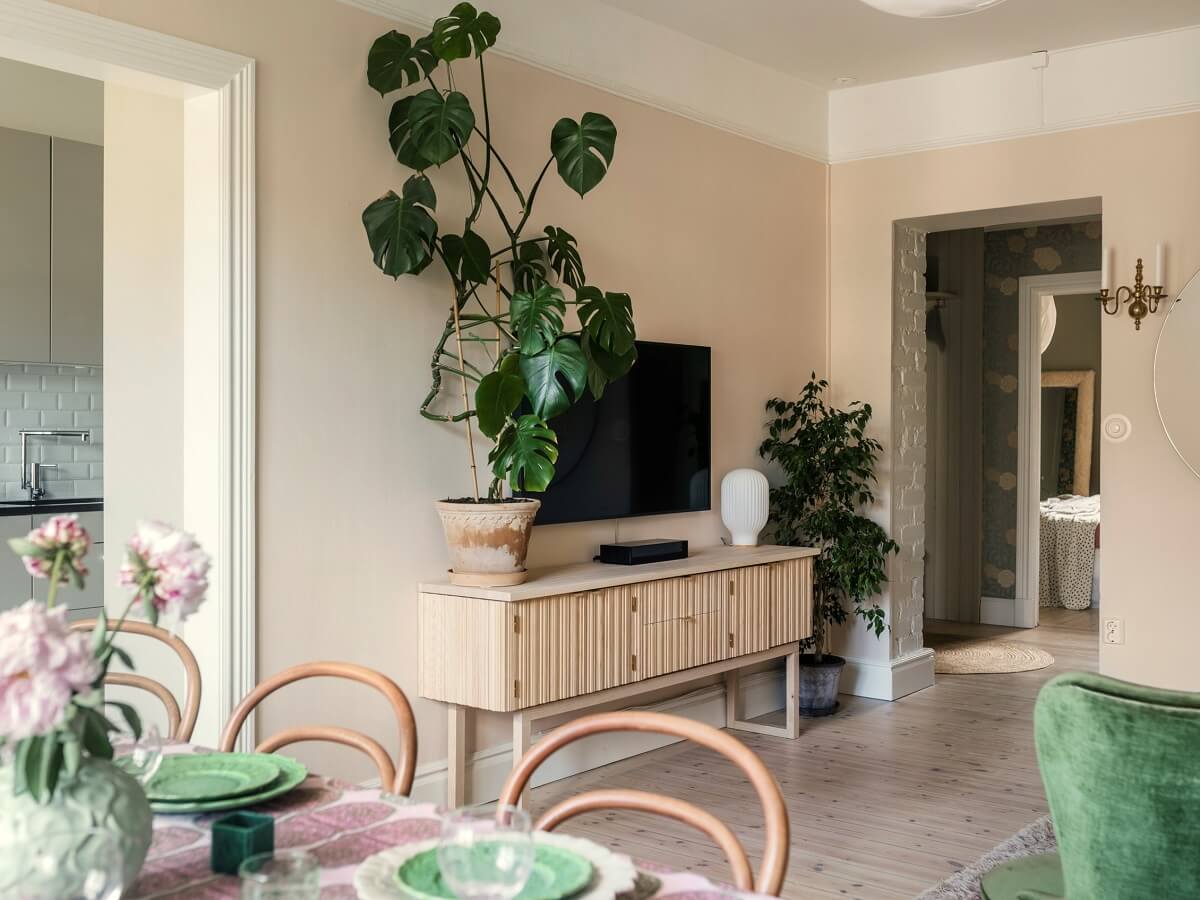 A Light Atmosphere and Wallpapers in a Swedish Apartment 3 living room beige walls