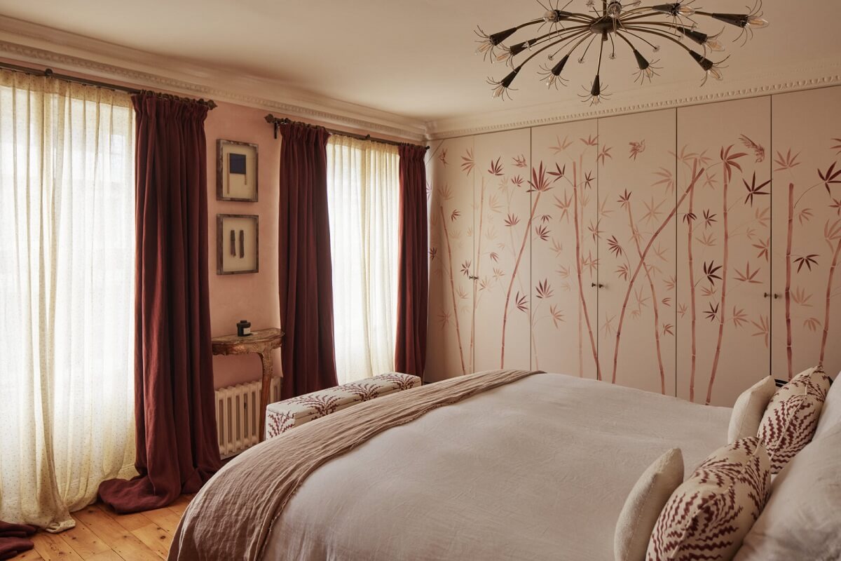 Limewash Paint and Artisan Wallpaper in a London Townhouse 28 master bedroom with floral murals