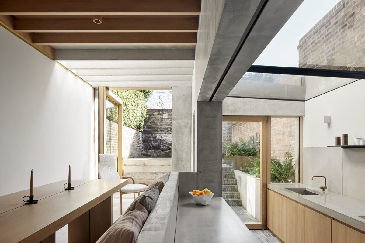 A Georgian Townhouse with a Modern Concrete Extension 6 modern kitchen dining room wooden ceiling