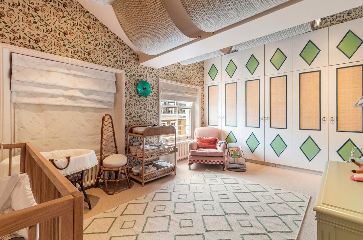 Limewash Paint and Artisan Wallpaper in a London Townhouse 39 nursery with wallpaper and painted wardrobes
