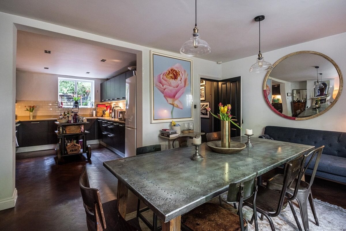 Moody Gray Tones and Period Details in a Victorian Townhouse 10 open plan dining room kitchen