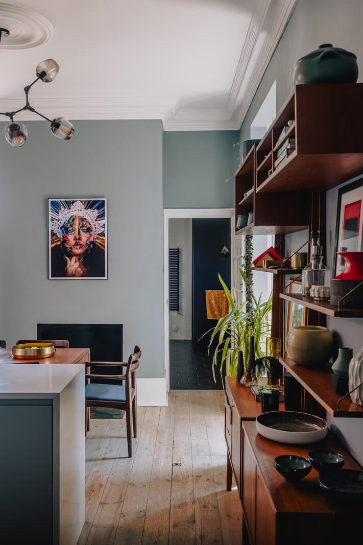 A Deep Blue Color Palette in a London Apartment 7 open plan dining room kitchen