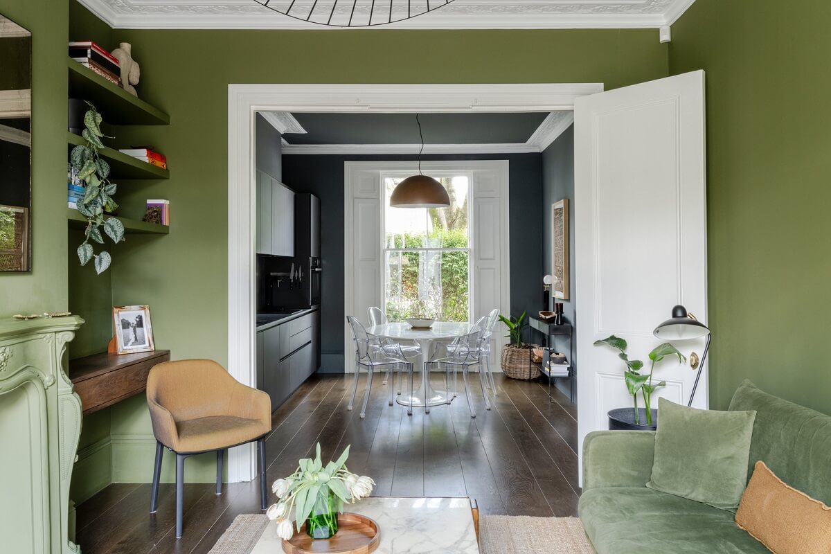 A Green Living Room in a London Maisonette 4 open plan living room kitchen