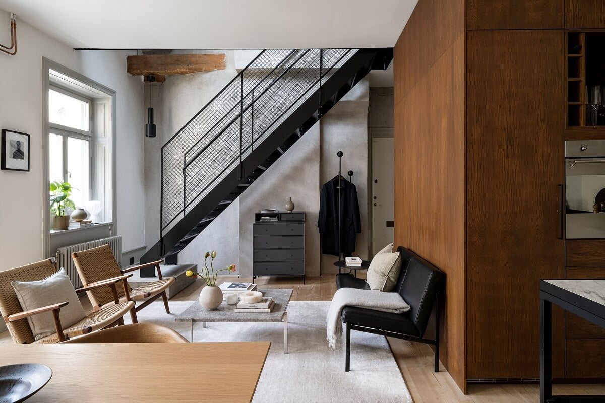 A Stylish Scandinavian Duplex with Custom-Made Cabinets 12 open plan living room kitchen A Stylish Scandinavian Duplex with Custom-Made Cabinets