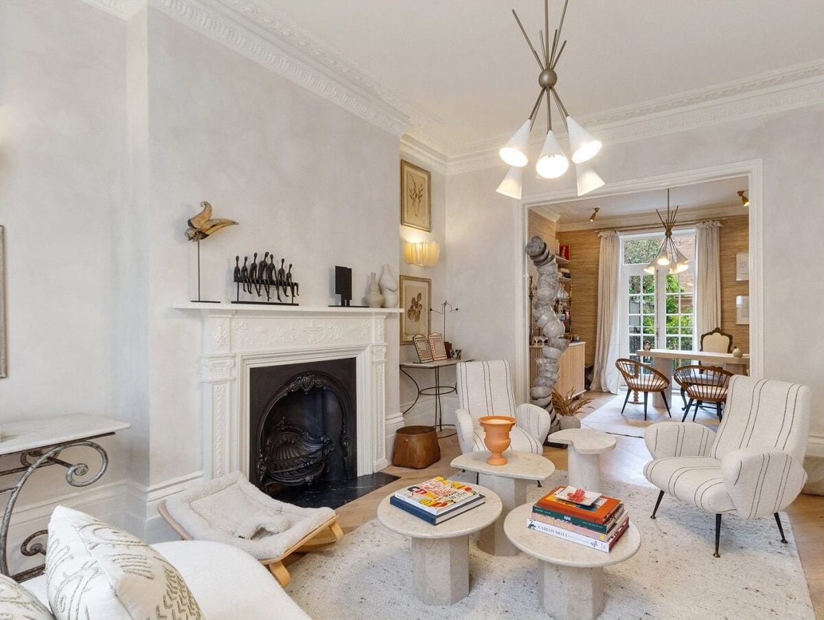 Limewash Paint and Artisan Wallpaper in a London Townhouse 9 open plan sitting room and home office fireplace