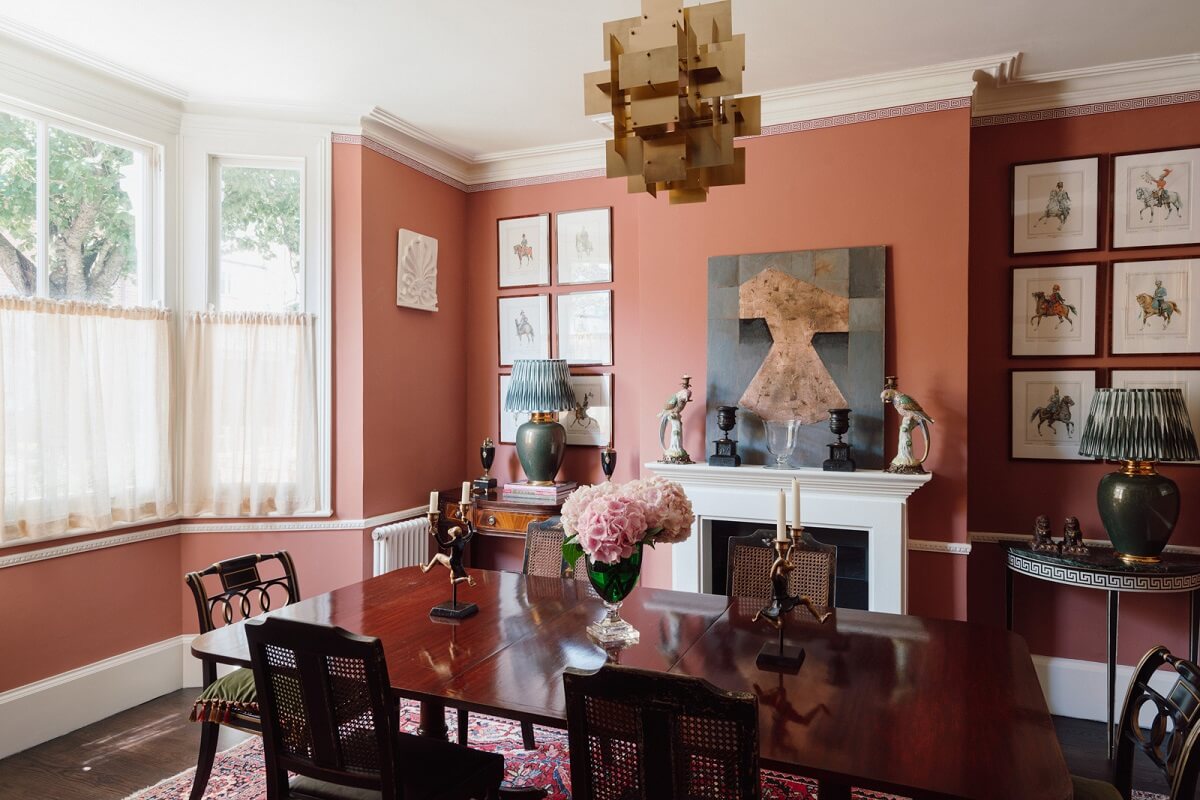 Rich Colors and Patterns in a London Townhouse 2 pink dining room bay window art