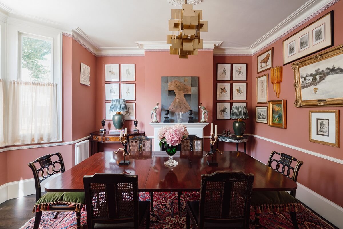 Rich Colors and Patterns in a London Townhouse 1 pink dining room with bay window