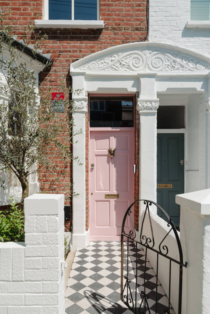 Rich Colors and Patterns in a London Townhouse 28 pink front door and checkerboard tiles