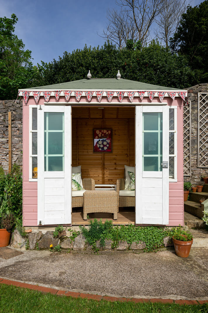 Colorful Interiors and Wallpapers in a Victorian House 20 pink garden shed