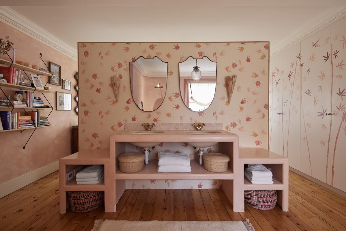 50 Bathroom Wallpaper Ideas Adding Color, Style, and Expression 57 pink master bedroom en suite double sink murals nordroom