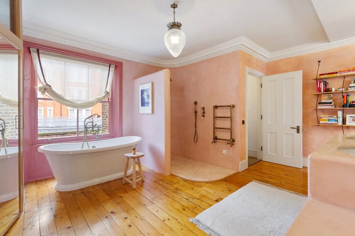 Limewash Paint and Artisan Wallpaper in a London Townhouse 33 pink plaster walls and walk in shower bathroom