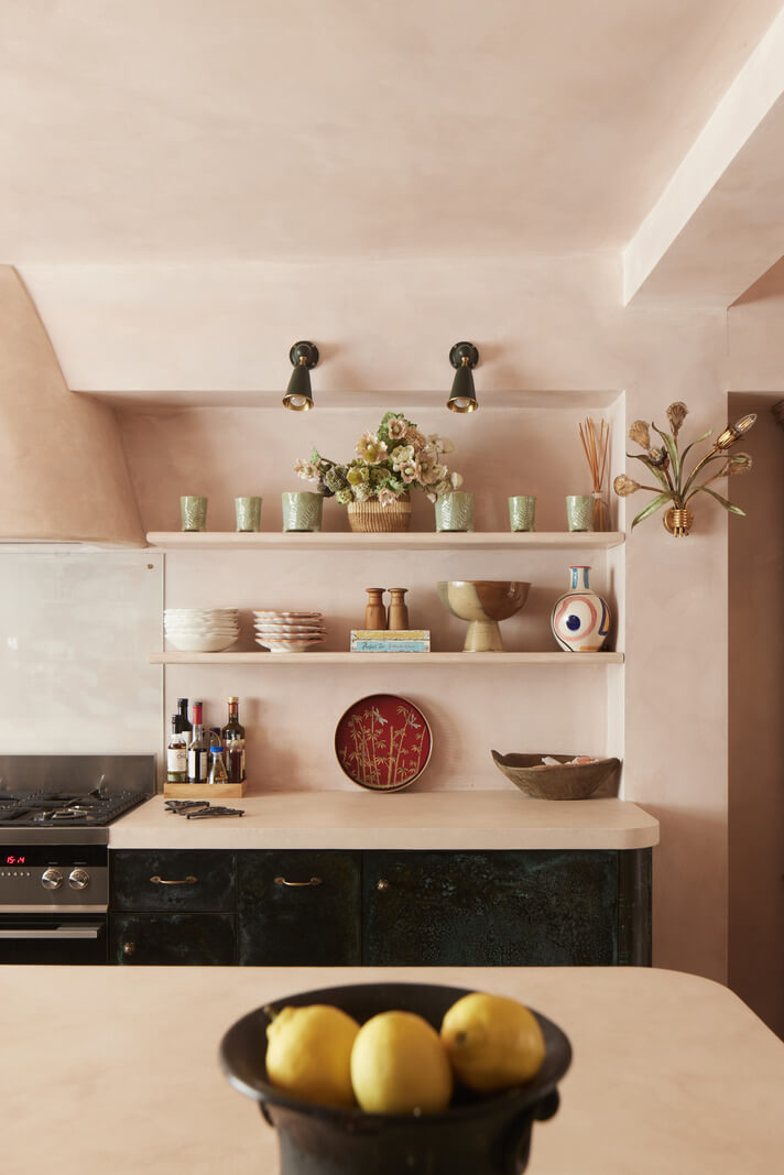 Limewash Paint and Artisan Wallpaper in a London Townhouse 18 rounded kitchen island and open shelves