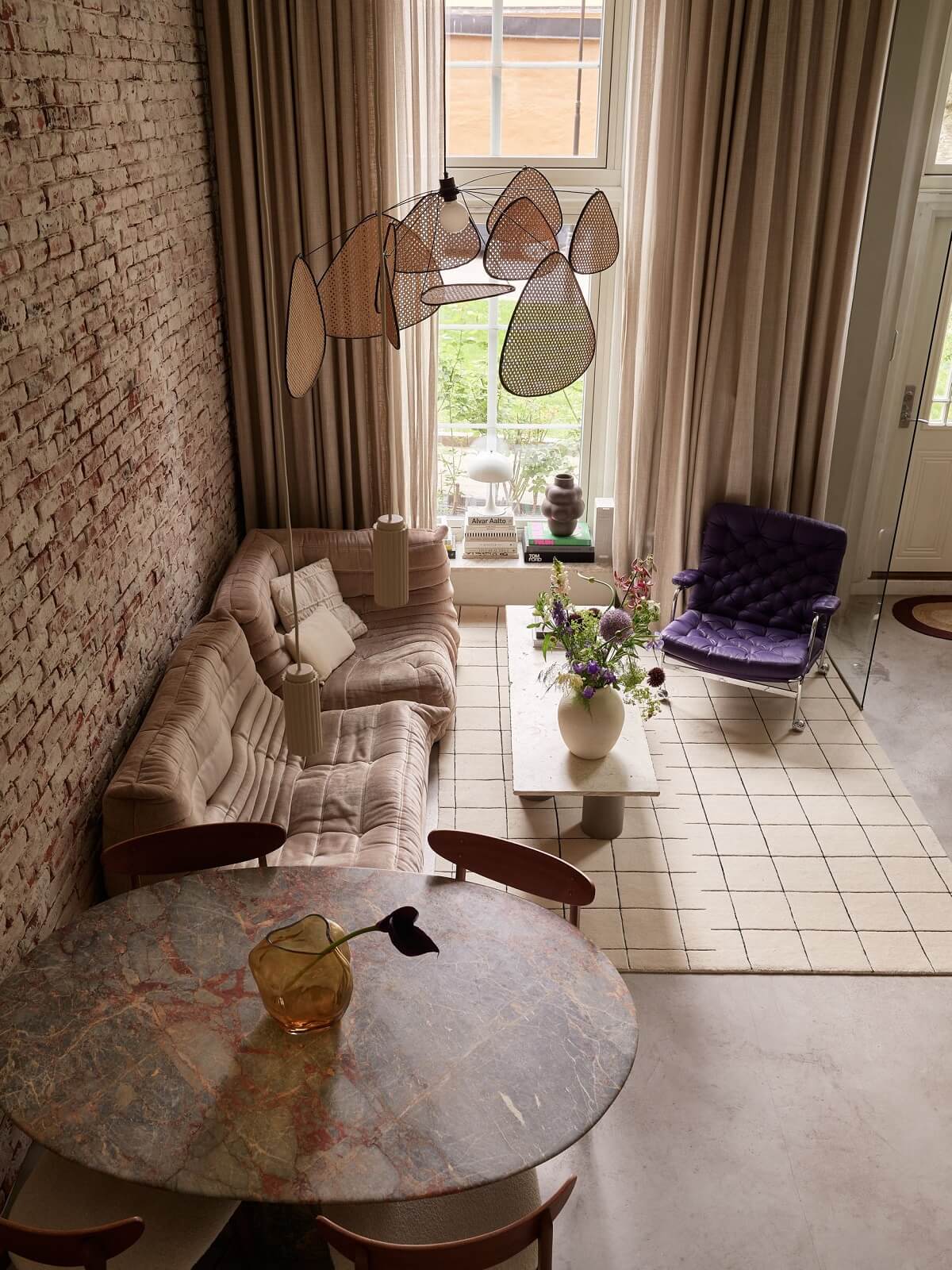 scandi living room brick wall from above