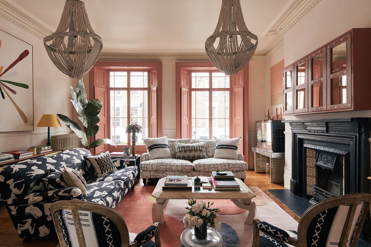 Limewash Paint and Artisan Wallpaper in a London Townhouse 2 sitting room with pink shutters and black fireplace