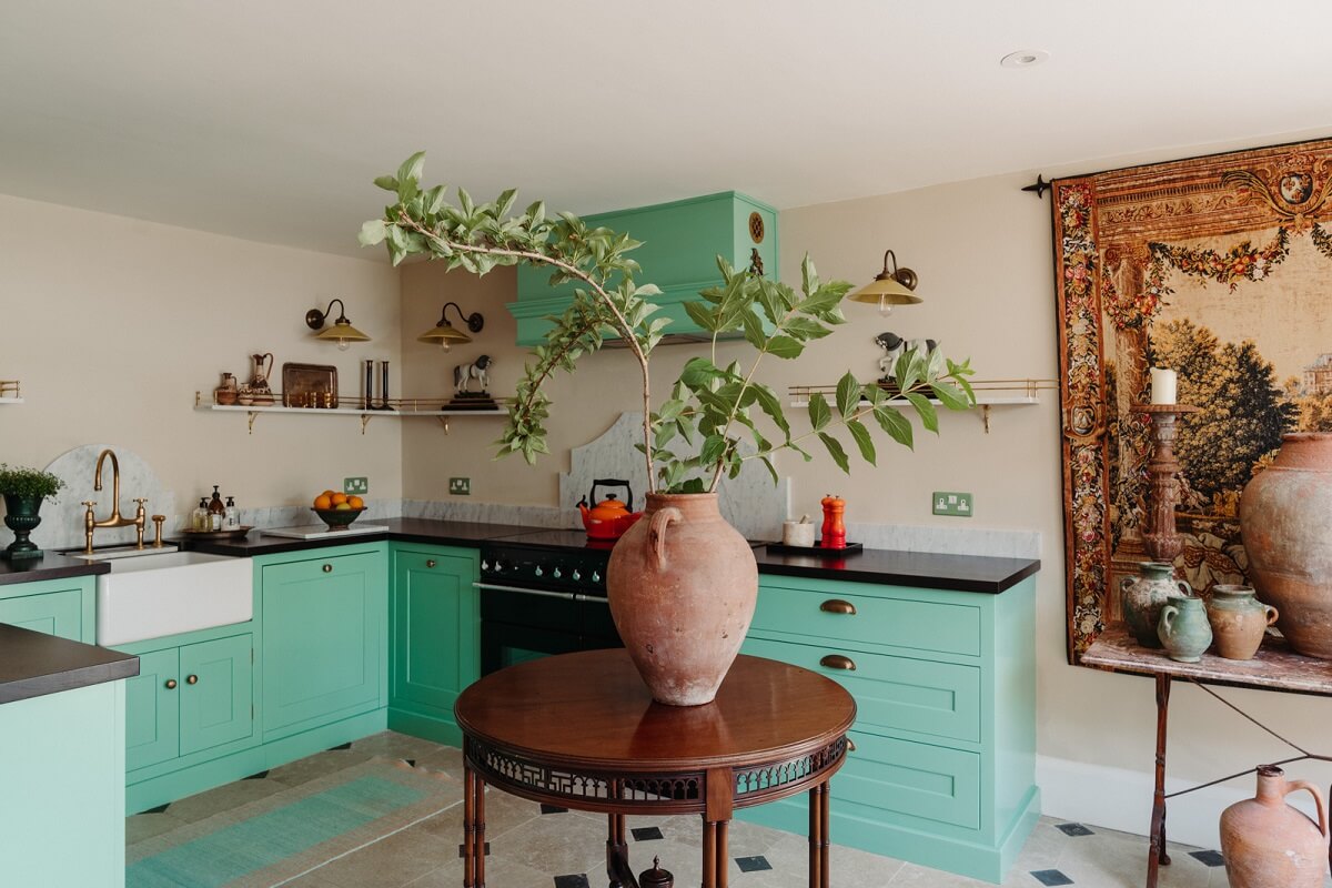 Rich Colors and Patterns in a London Townhouse 3 turquoise kitchen cabinets edward bulmer paint nordroom