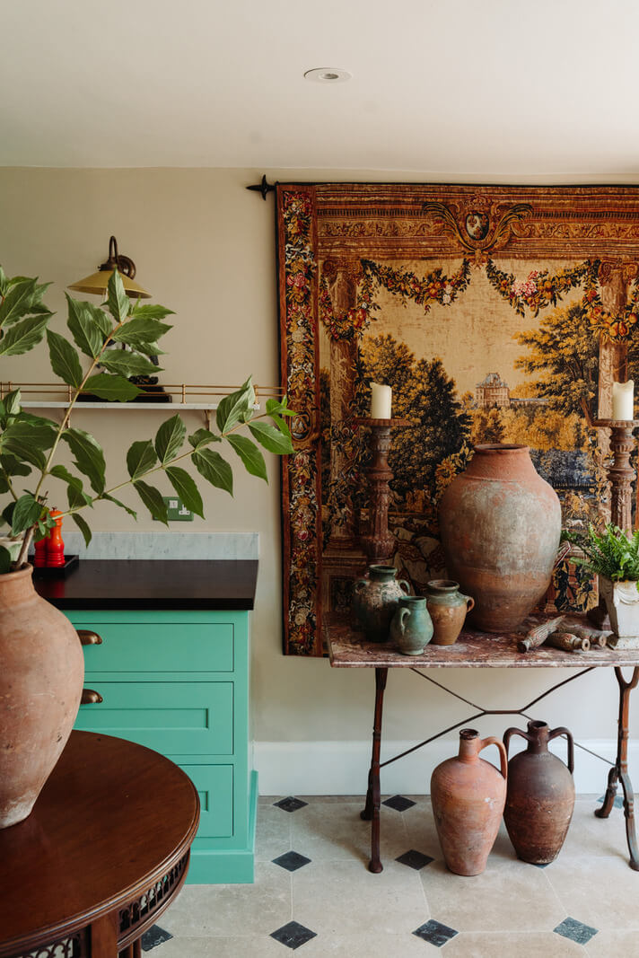 Rich Colors and Patterns in a London Townhouse 8 turquoise kitchen cabinets flagstone floor