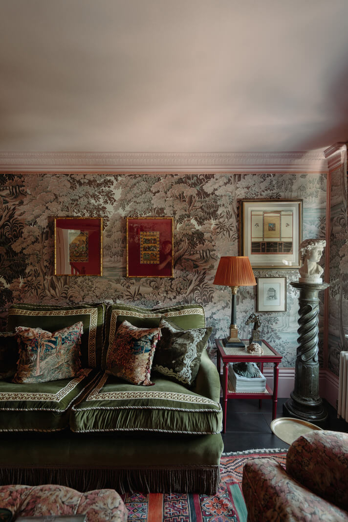 Rich Colors and Patterns in a London Townhouse 11 wallpapered living room with green sofa