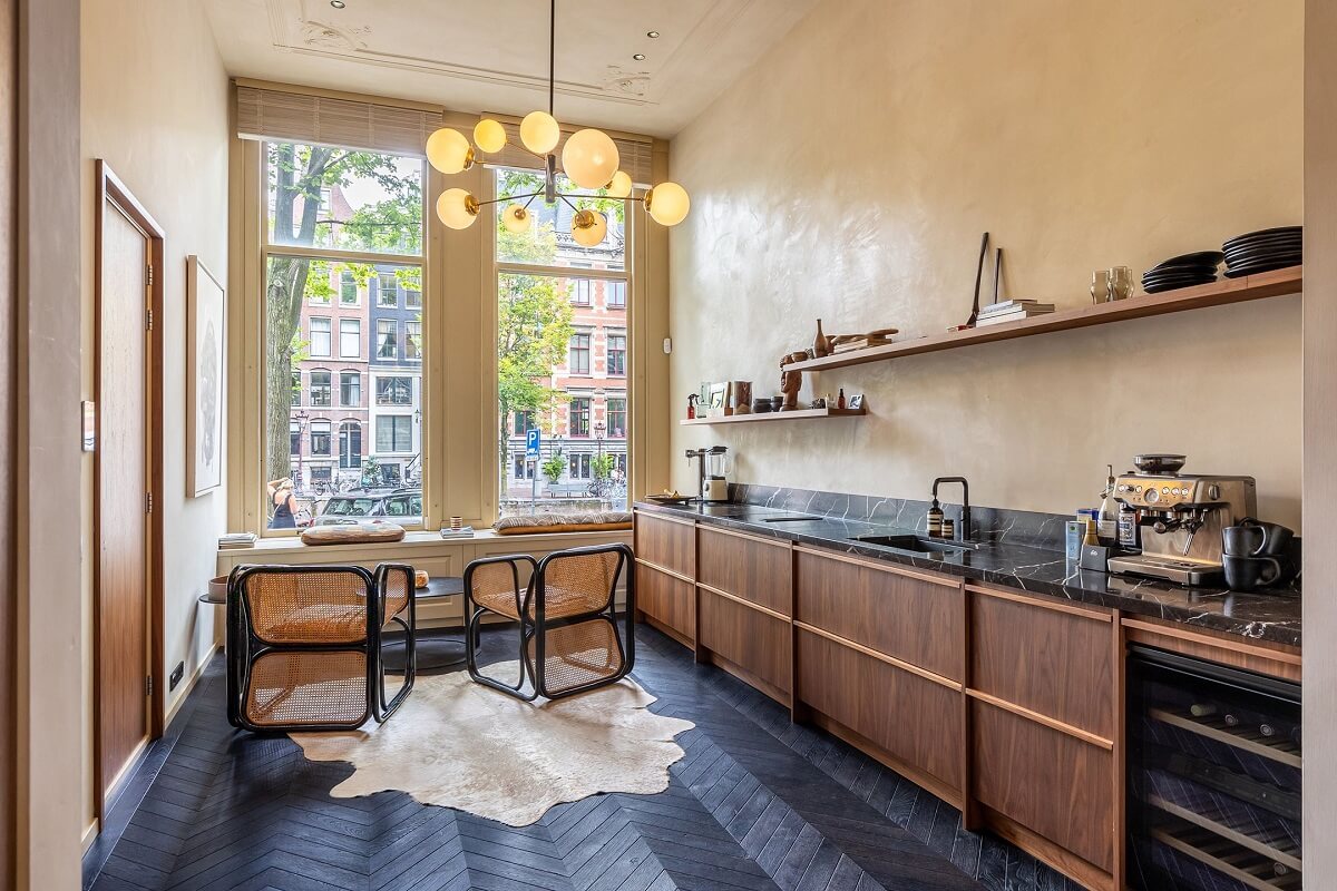 A Luxurious Apartment in an Amsterdam Canal House 7 wooden kitchen with black chevron floor