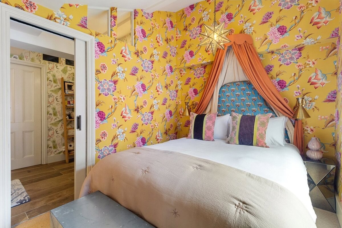 Limewash Paint and Artisan Wallpaper in a London Townhouse 37 yellow pink floral wallpaper bedroom