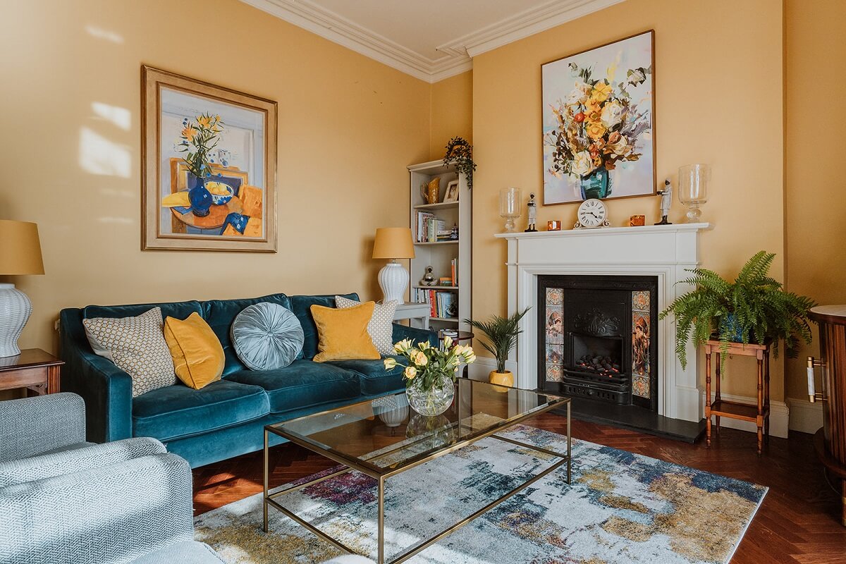 Colorful Interiors and Wallpapers in a Victorian House 2 yellow walls living room