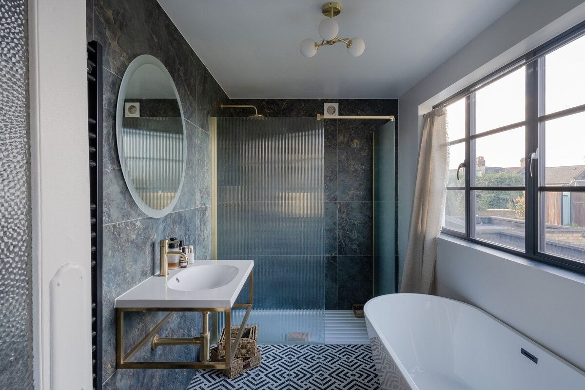 A London Apartment with a Turquoise and Pink Kitchen 9 bathroom bert and may tiles and walk in shower nordroom A London Apartment with a Turquoise and Pink Kitchen