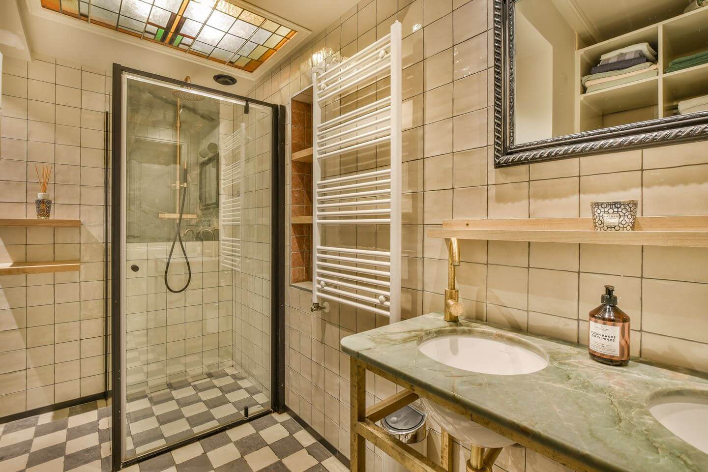 Cozy Country Style in an Amsterdam Family Townhouse 20 bathroom checkerboard floor tiles