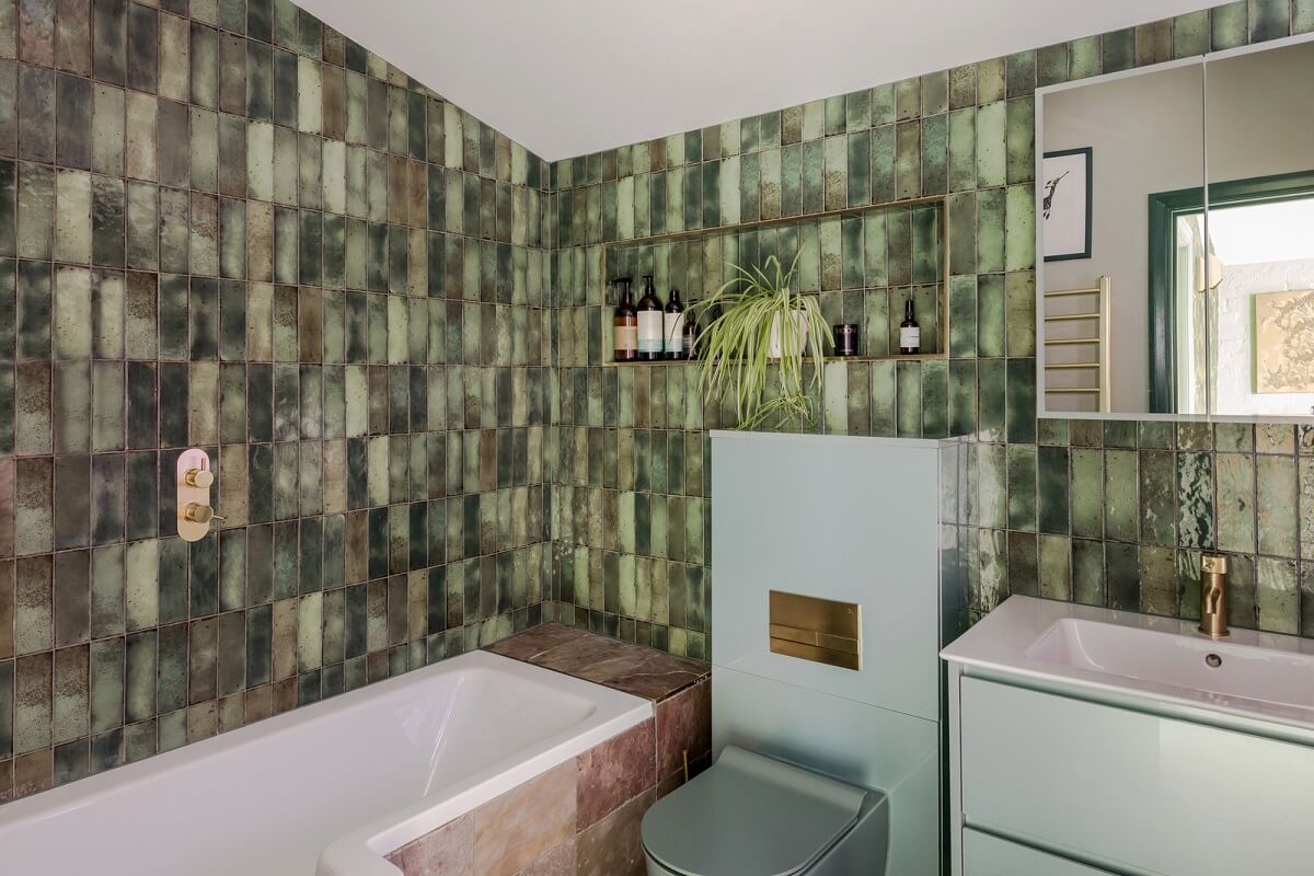 Exposed Materials and Green Tones in a London Stable Conversion 15 bathroom green tiles