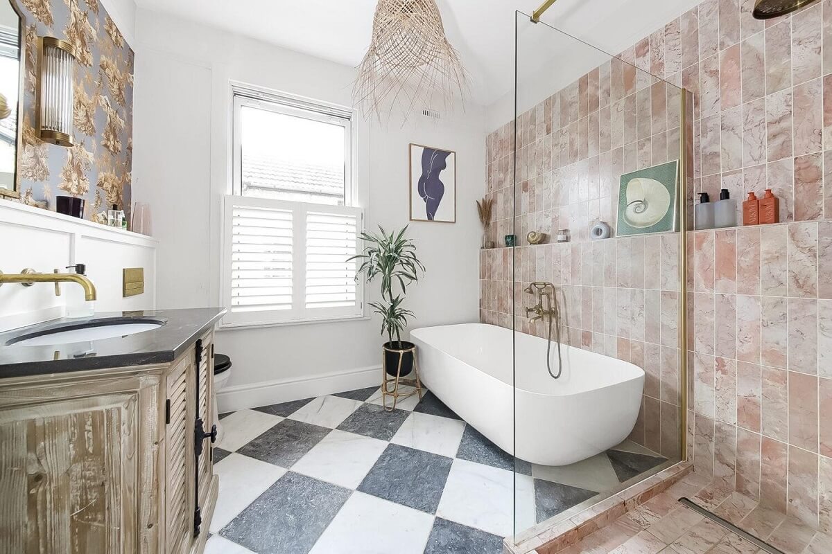 Playful Materials, Textures, and Colors in a London Home 19 bathroom pink tiles modern bath checkerboard floor