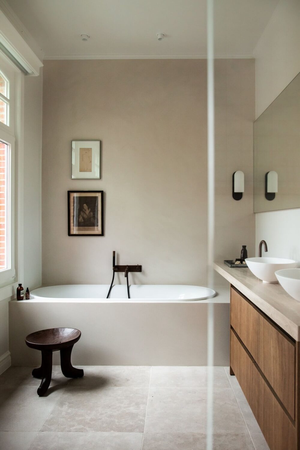 Historic Character and Timeless Elegant Interiors in a Restored Belgian Villa 23 bathroom with bath and wooden vanity