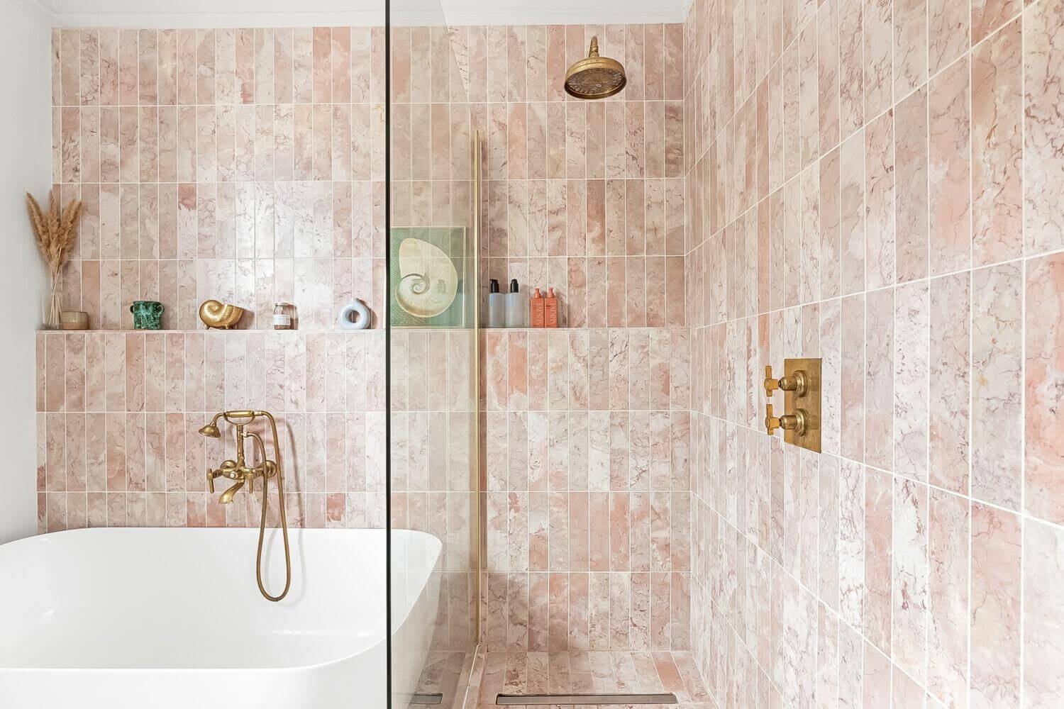 Playful Materials, Textures, and Colors in a London Home 20 bathroom with light pink tiles