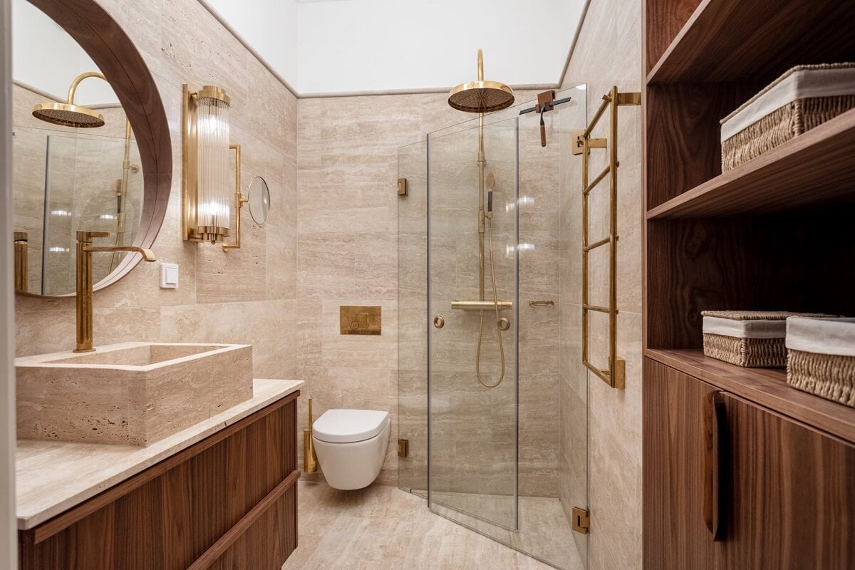 A Luxurious Stockholm Apartment with Period Features 20 bathroom with shower built in storage and brass fittings