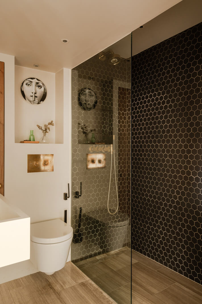 A London Loft in a Former Victorian School Building 12 bathroom wood look floor tiles walk in shower nordroom