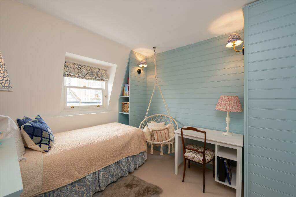 Cottage-style Interiors in a London Family Home 16 bedroom light blue paneled walls