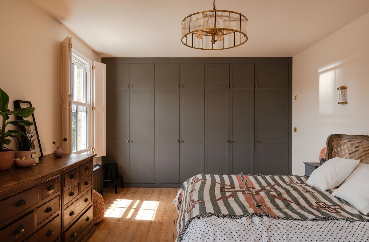 A Stunning Color Palette in an Extended Edwardian House in London 23 bedroom with gray built in wardrobes