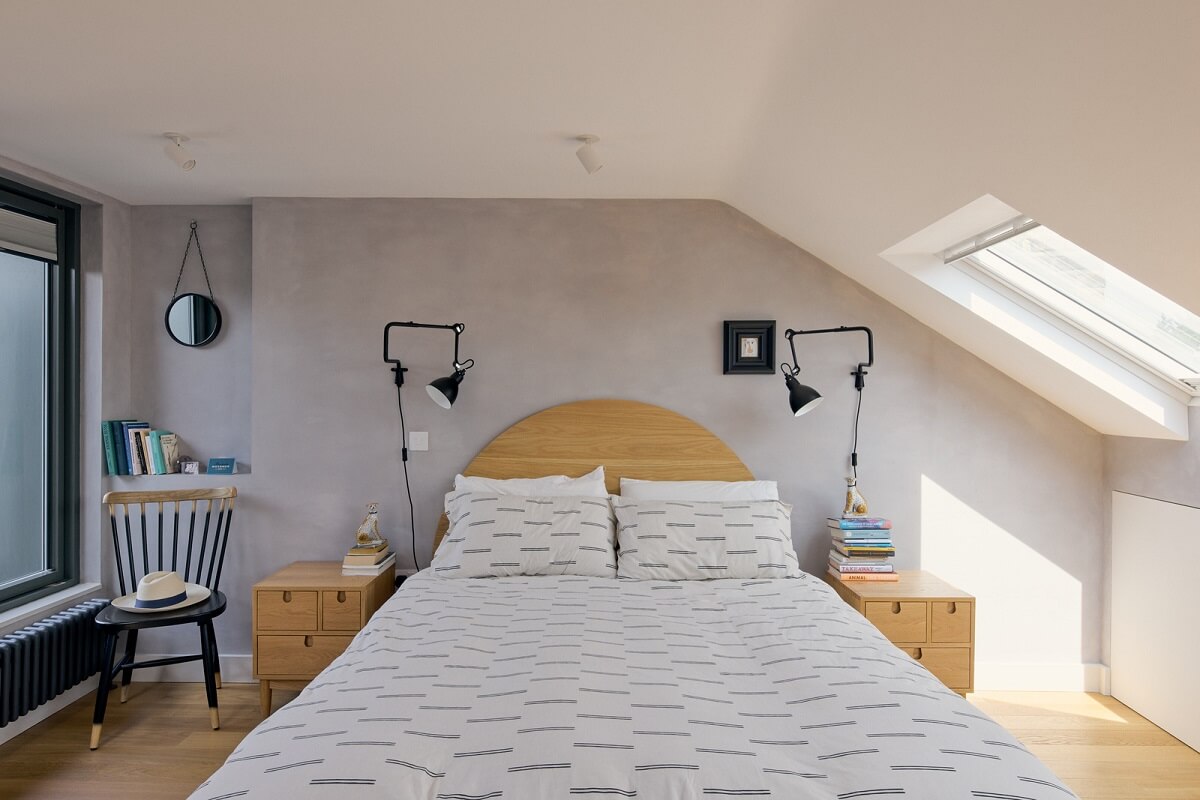 Douglas Fir and Natural Materials in a London Home 24 bedroom with slanted ceiling