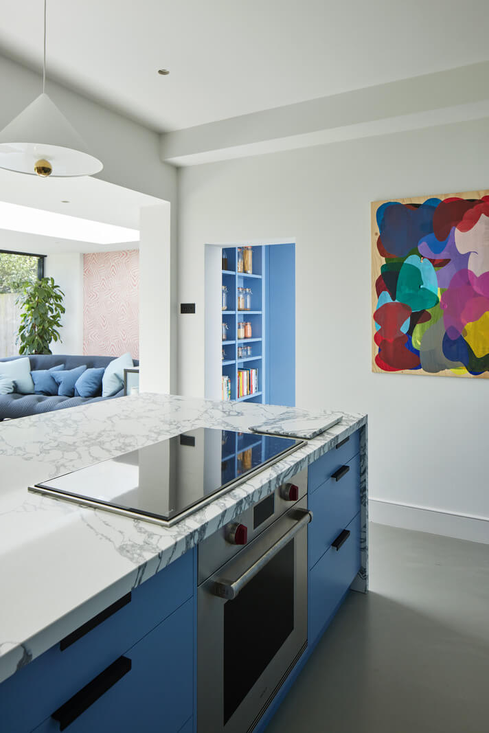 A London Family Home Decorated in Pastel Colors 11 blue kitchen cabinets