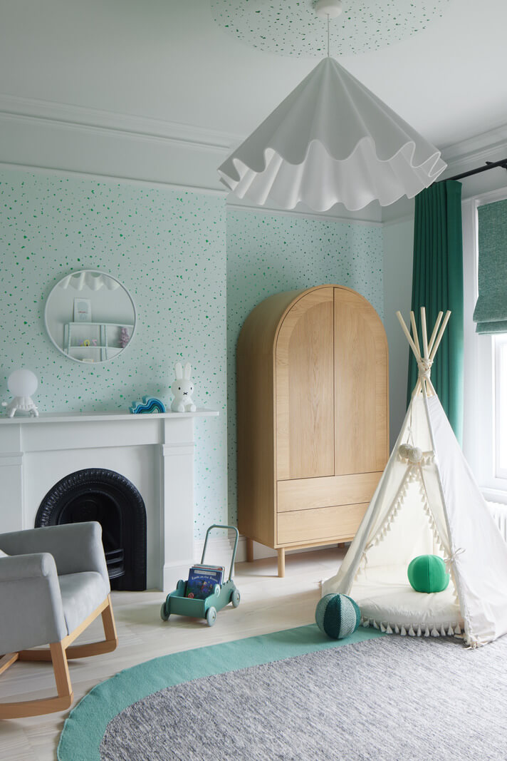 A London Family Home Decorated in Pastel Colors 26 childrens bedroom fireplace green walls